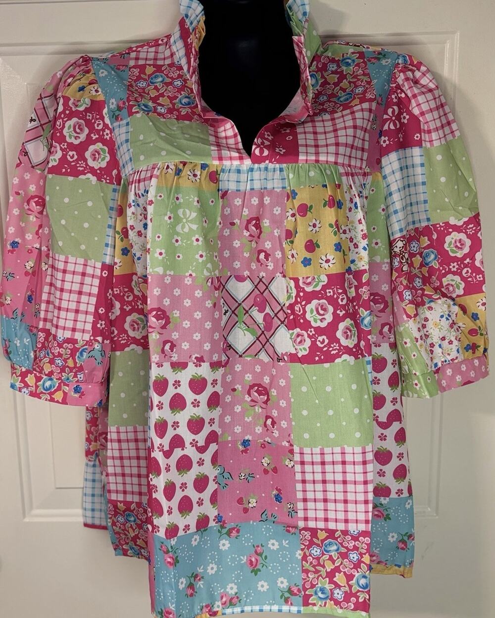 Patchwork Print Tunic Top Womens L Pink Floral Cottagecore Boho 3/4 Sleeve